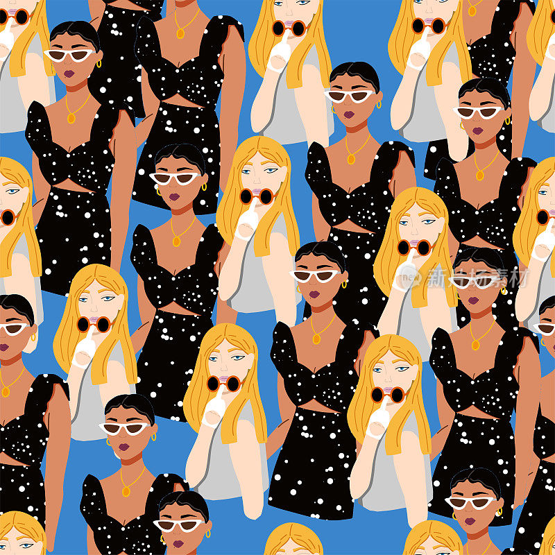 international women's day. pattern of women on a blue background.